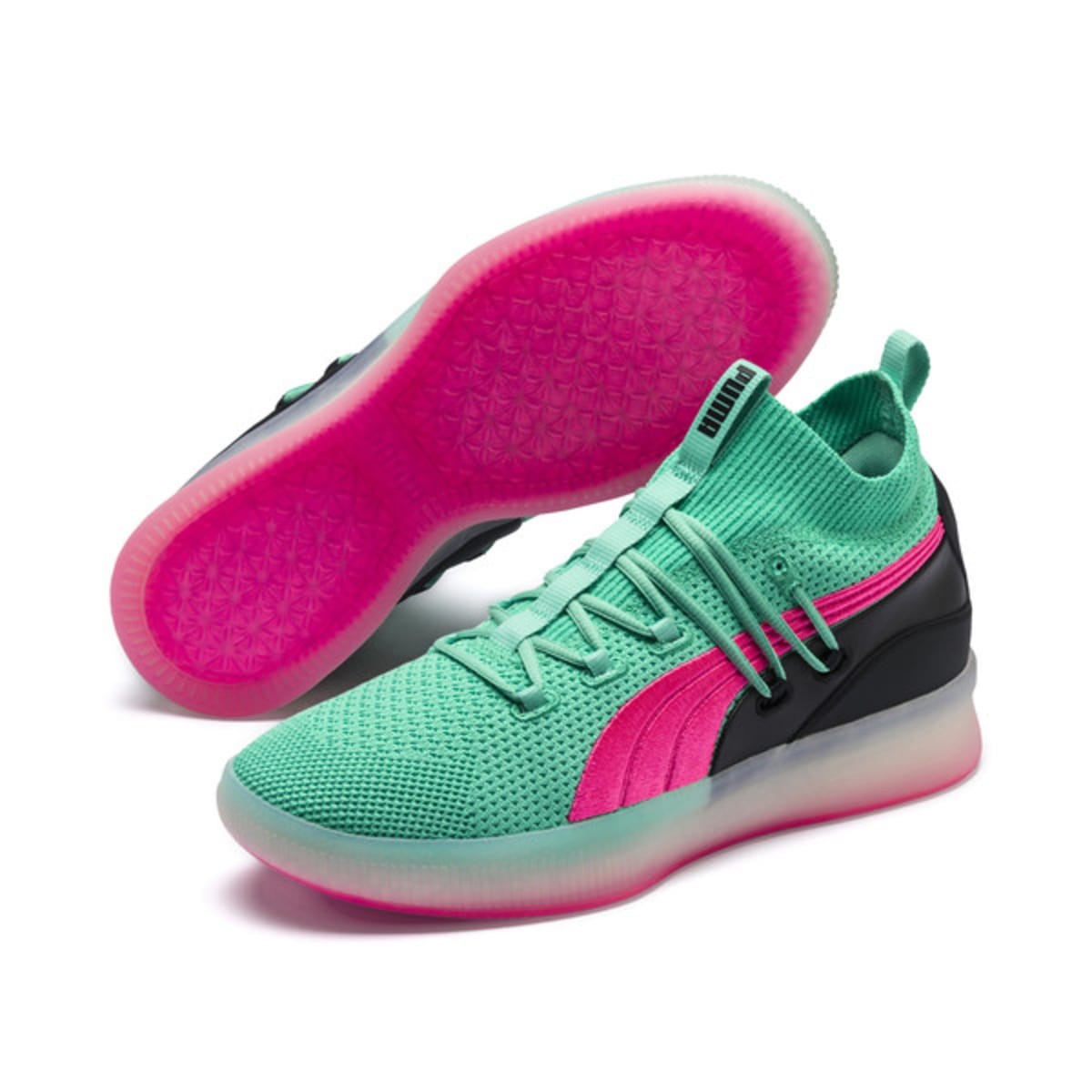 green and pink pumas