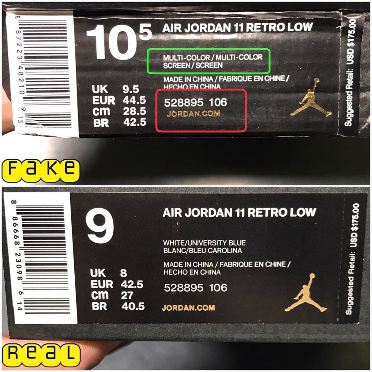 Air Jordan 11 Low UNC Real Fake Legit Check Box Tag - Air Jordan 11 Low