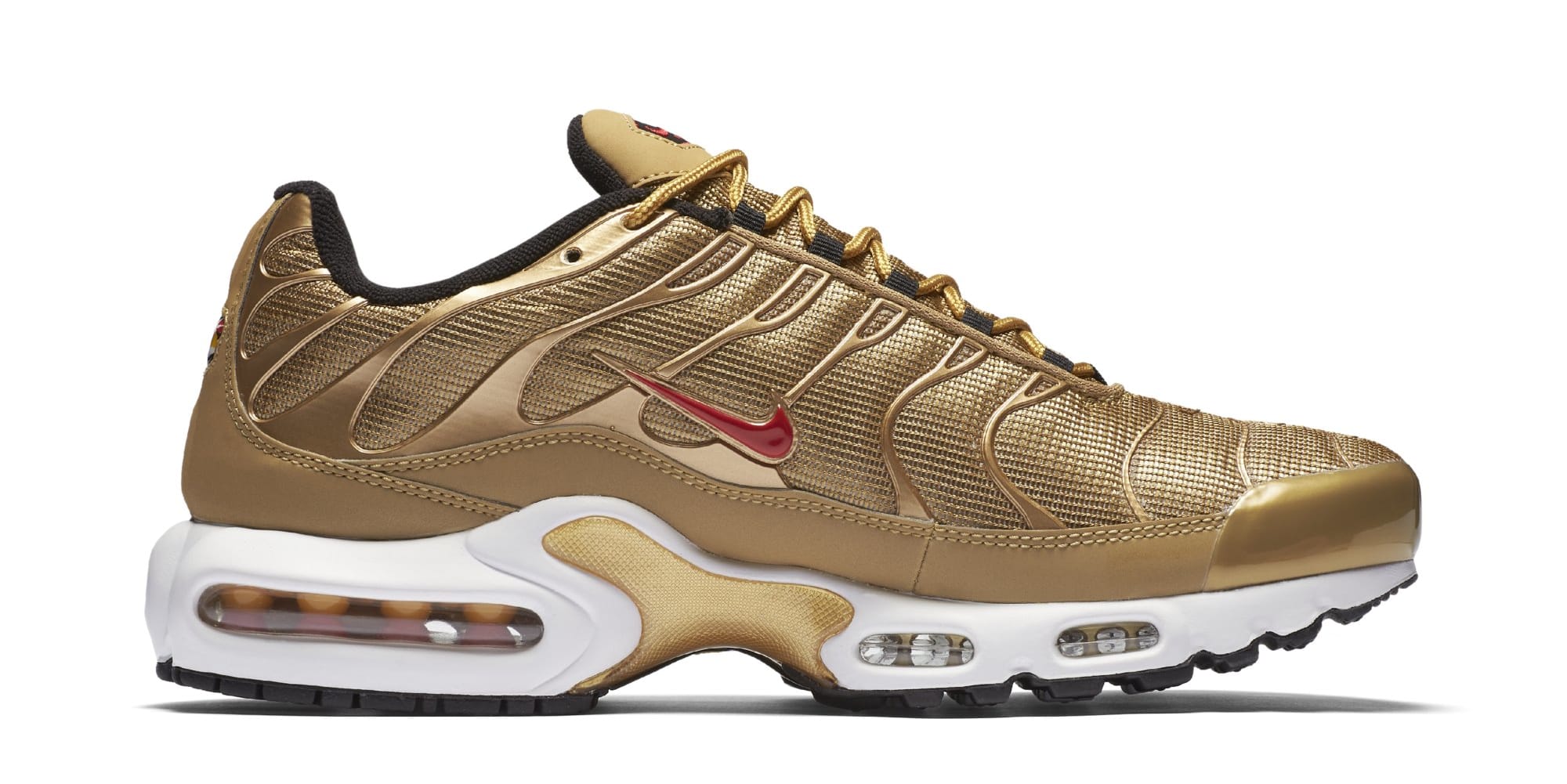 gold and red nike air max plus