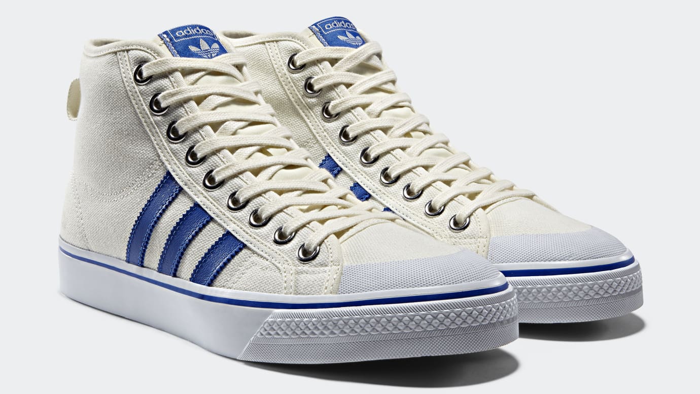 blue and white high top adidas