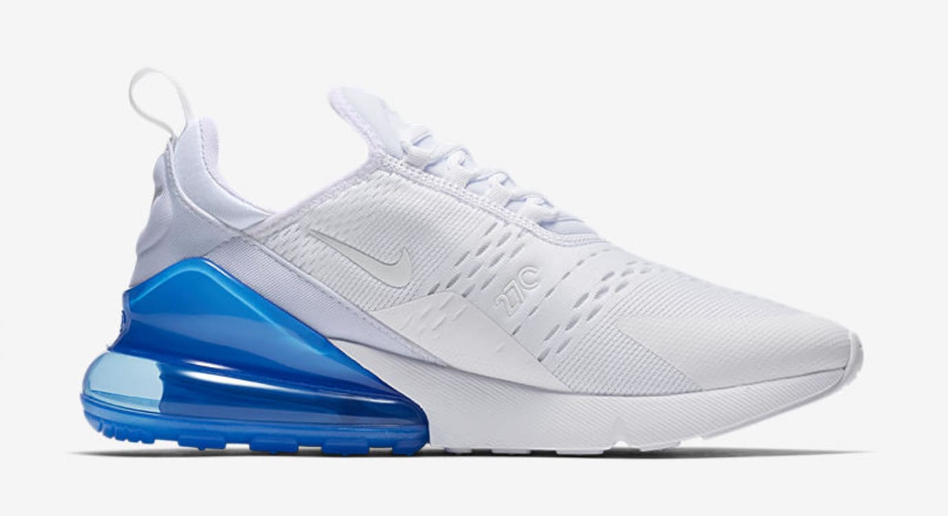 white and blue air max 270s