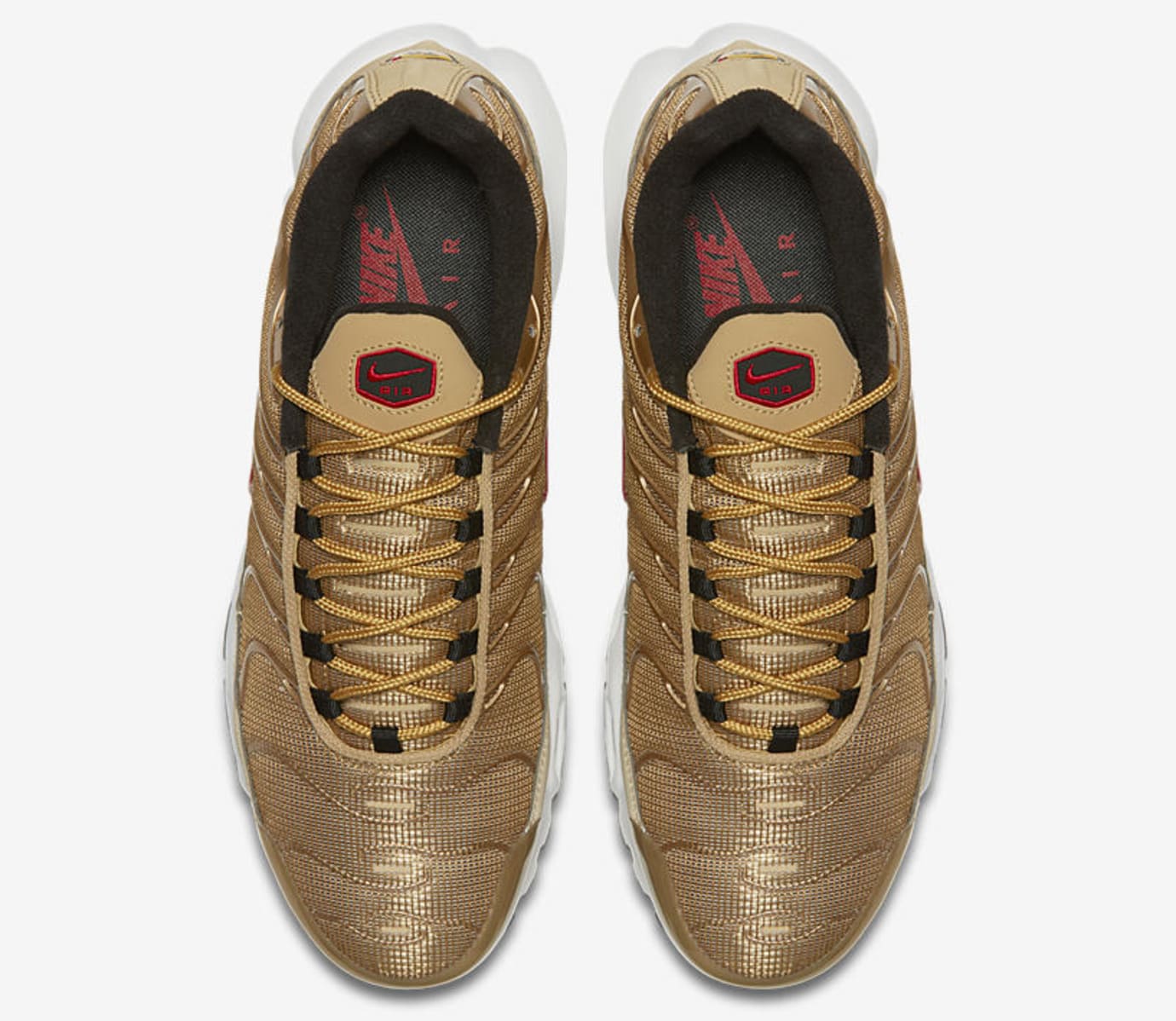 gold and red nike air max plus