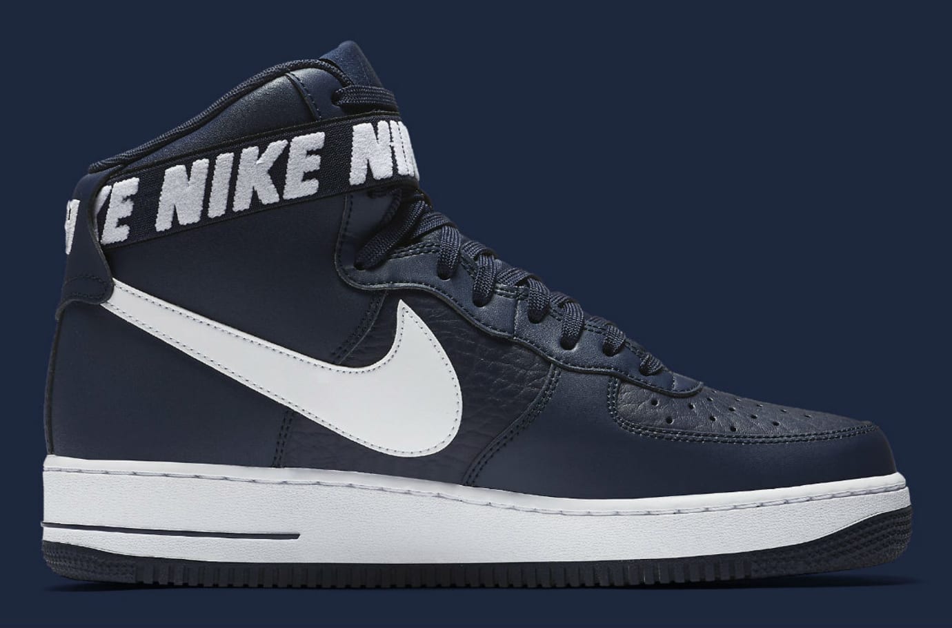 navy blue and white high top air force 1