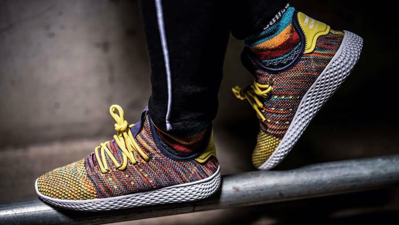 Pharrell x Adidas HU Yellow Multicolor On-Foot Side