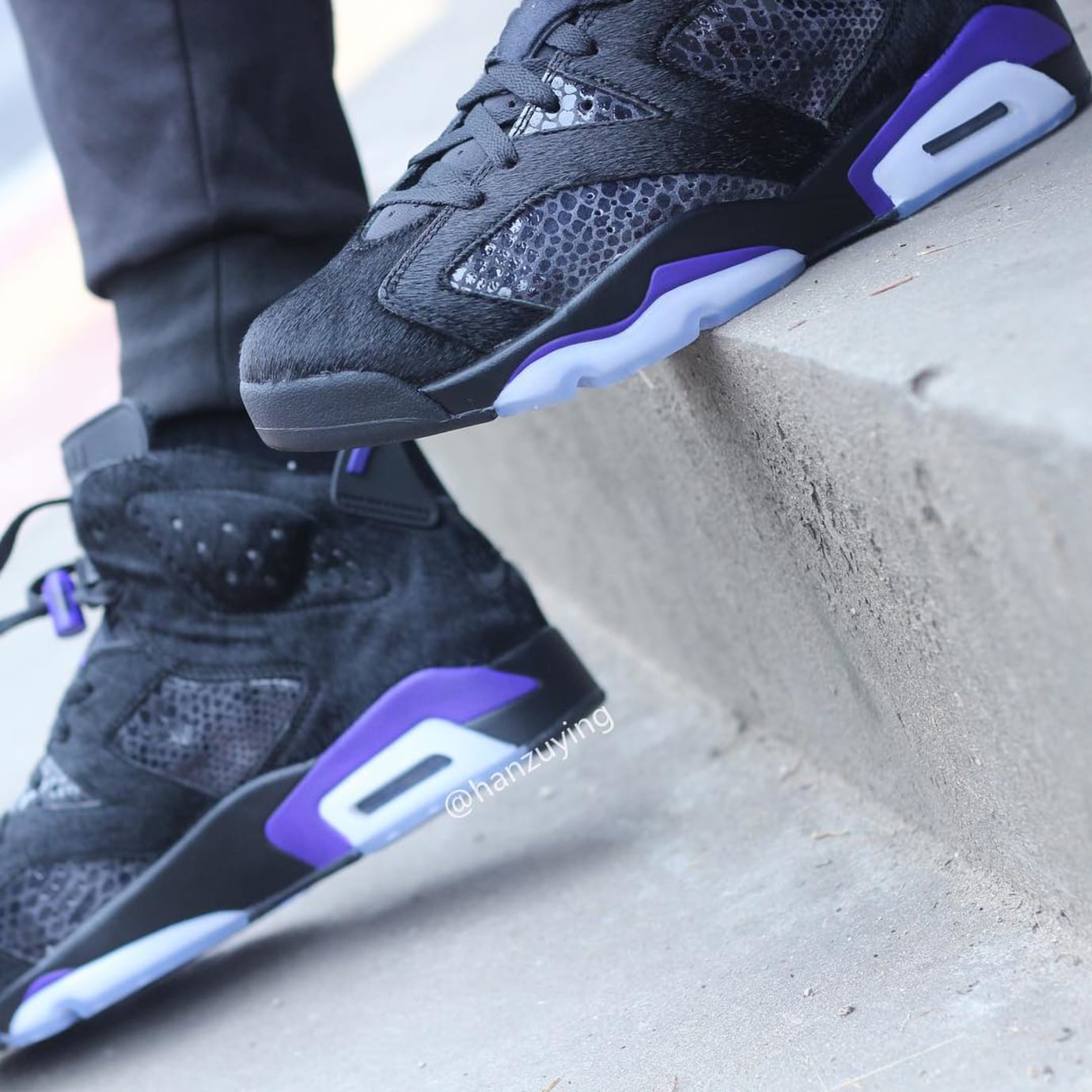 Air Jordan 6 VI Cow Fur Snakeskin Black Purple Release Date AR2257-005 On-Foot Toe