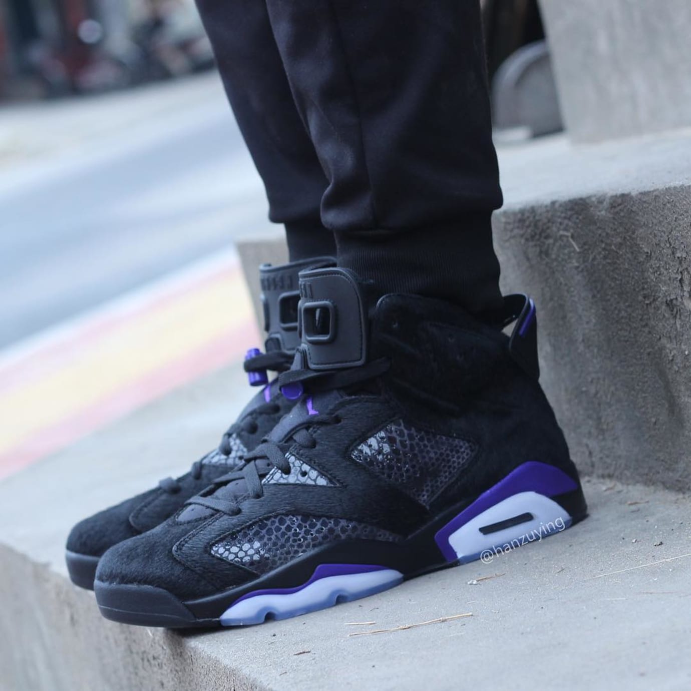 Air Jordan 6 VI Cow Fur Snakeskin Black Purple Release Date AR2257-005 On-Foot Profile