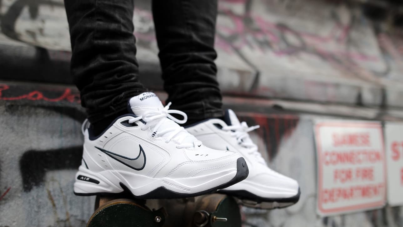 nike air monarch black on feet