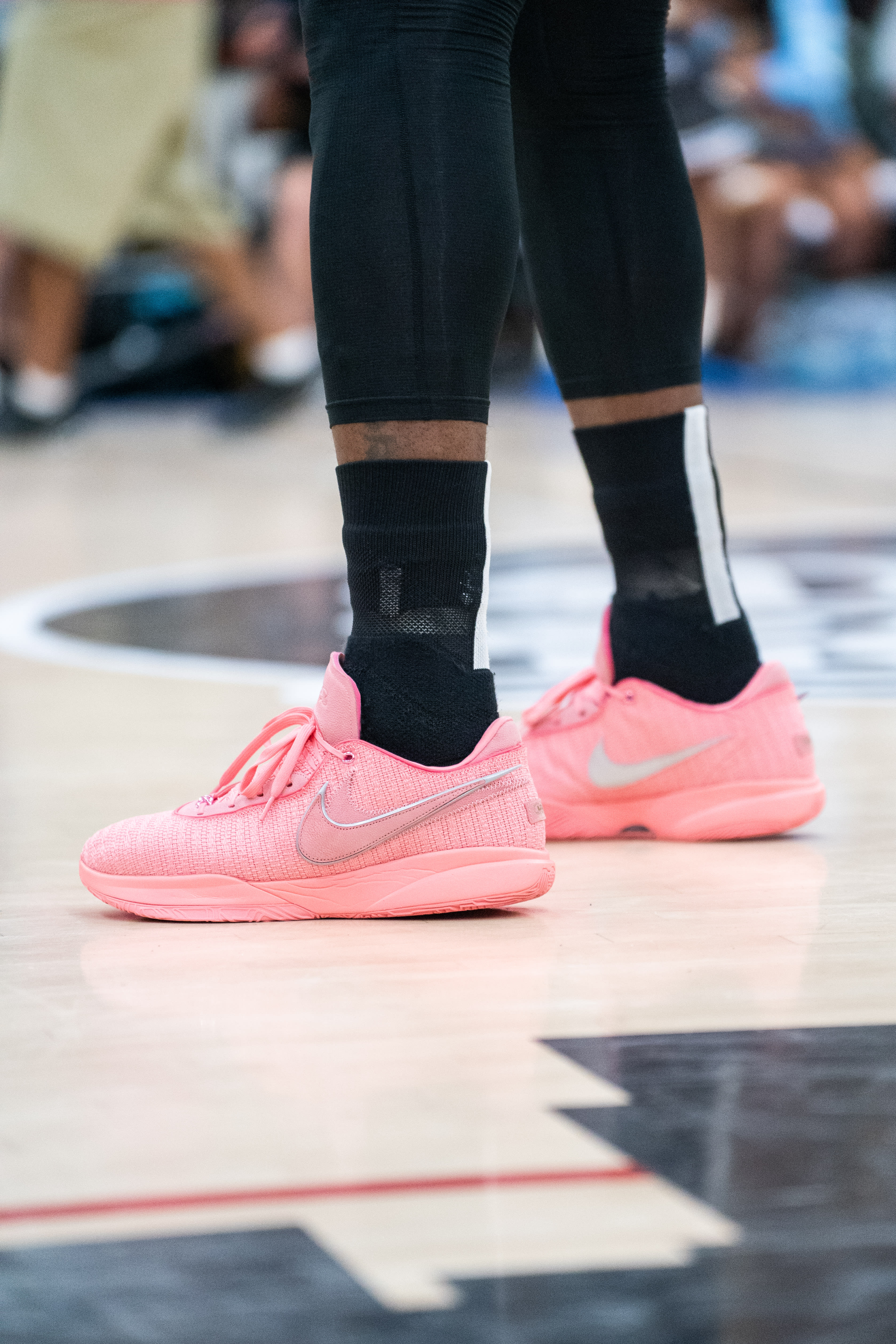 LeBron James wearing the Nike LeBron 20 Pink in Drew League on July 16, 2022