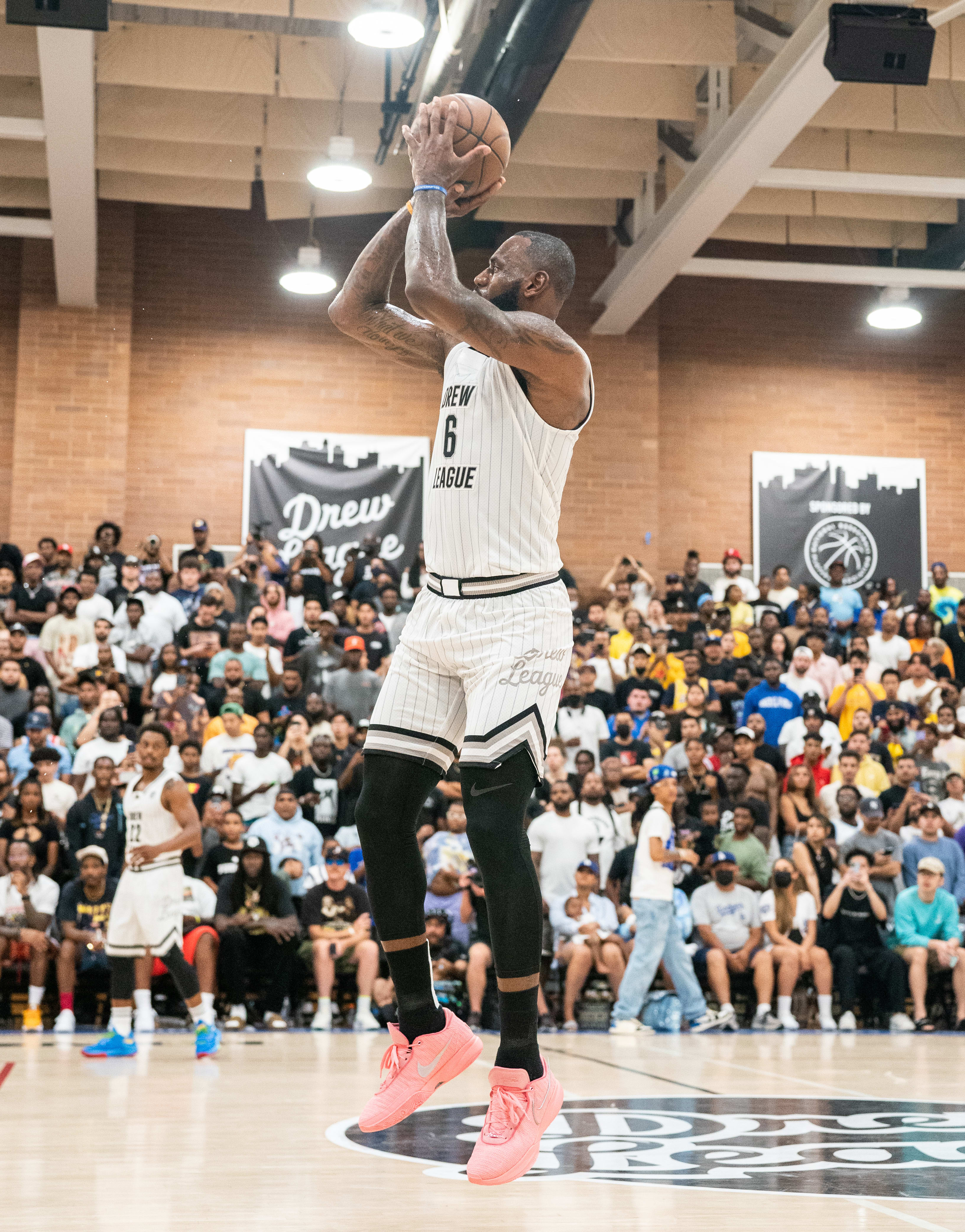 LeBron James shoots in the Drew League on July 16, 2022