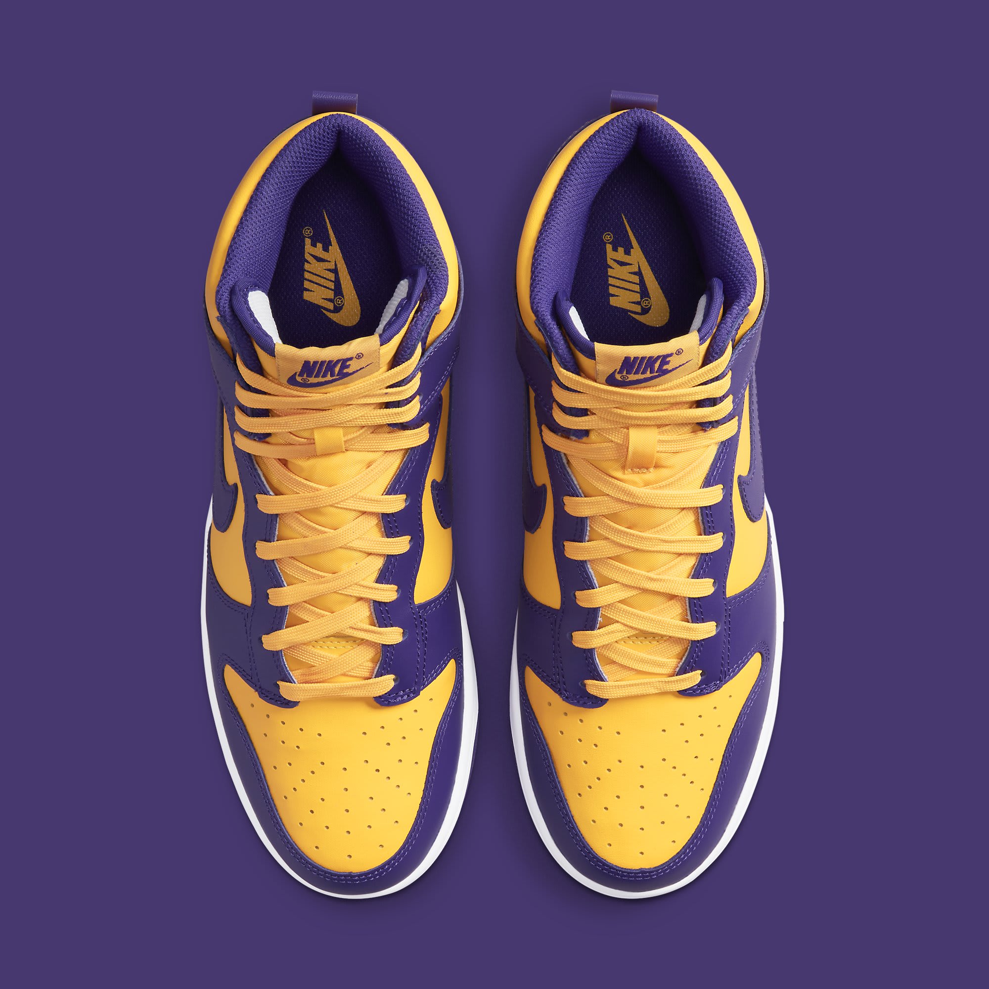 'Lakers' Nike Dunk High Set To Release This Month Purple and gold pair